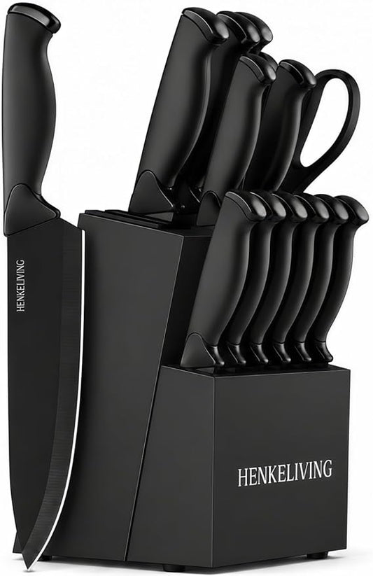 Knife Set, 14-Piece Black Dishwasher Safe Kitchen Knife Block Set with Built-In Sharpener, German High Carbon Stainless Steel Blades, Ultra Sharp Knives with Ergonomic Non-Slip Handles