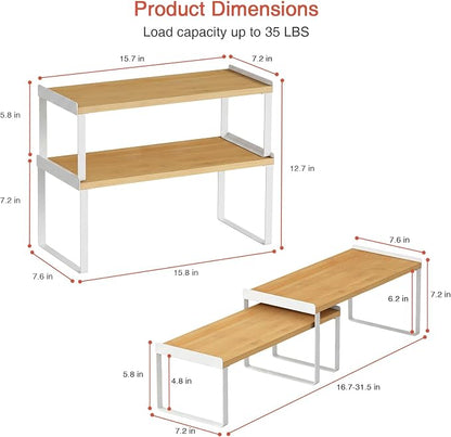Goozii 4 Pack Stackable Cabinet Shelves Organizer, Shelf Rack with Anti-Fall Lips for Kitchen Pantry Coffee Bar Countertop Storage (Bamboo White)