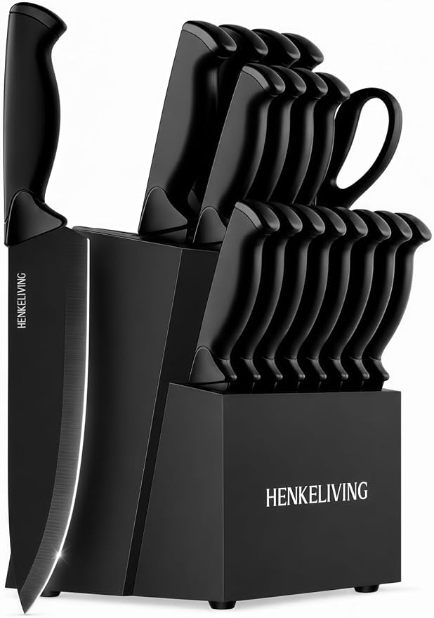 Knife Set, 19-Piece Dishwasher Safe Black Kitchen Knife Block Set with Built-in Sharpener, Stainless Steel Cutlery Set for Everyday Prep, Steak Nights and Modern Kitchens