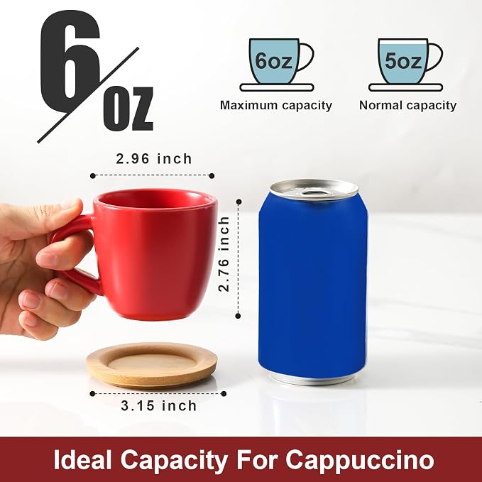 HASENSE 6 Ounce Espresso Cups with Saucers,Ceramic Cappuccino Cups with Handle for Double Shot, Latte, Cafe Mocha, Stackable Coffee Cups with Handle for Cafes, Home, Office, Red