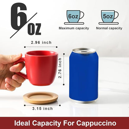 HASENSE 6 Ounce Espresso Cups with Saucers,Ceramic Cappuccino Cups with Handle for Double Shot, Latte, Cafe Mocha, Stackable Coffee Cups with Handle for Cafes, Home, Office, Red