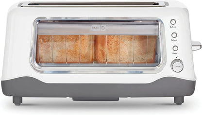 Dash Clear View Toaster, 10.5" Long Slot 2 Slice Toaster with See-Through Glass Window, 7 Browning Levels, Bagel, Defrost & Reheat Functions, Removable Glass Panel, Crumb Tray - White