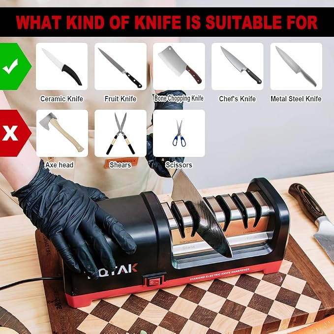 Electric Knife Sharpener,Professional kitchen knife sharpener,Diamond abrasive and precision Angle guide 3 stage slot home sharpener,Sharpening and Polishing, Red