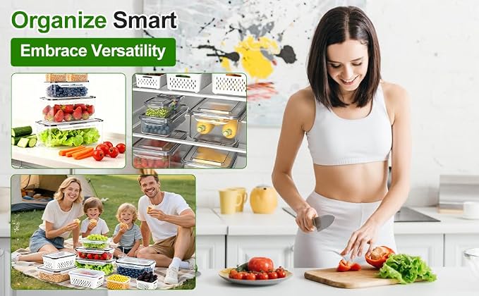 KUK 5 Pack Fruit Storage Containers for Fridge, Leakproof Food Containers with Removable Colander, Fruit Containers for Fridge BPA Free Produce Containers Keep Vegetables Berry Meat Fresh Longer (5)