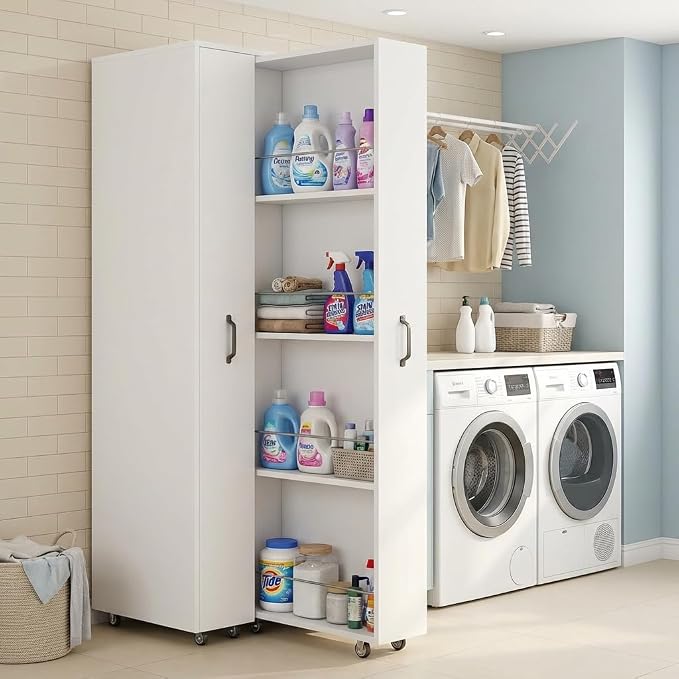 Double Pull Out Pantry Cabinet, Slim Rolling Storage Cart for Kitchen & Home Office, 8-Tier Wood Rolling Pantry Cart Gap Filler for Laundry Room, Dustproof Slide Out Organizer, 62" H White