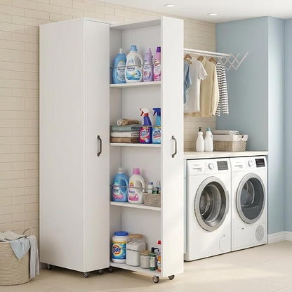 Double Pull Out Pantry Cabinet, Slim Rolling Storage Cart for Kitchen & Home Office, 8-Tier Wood Rolling Pantry Cart Gap Filler for Laundry Room, Dustproof Slide Out Organizer, 62" H White