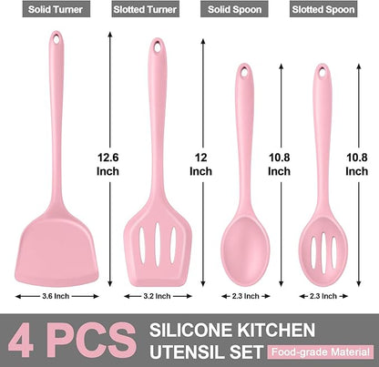 P&P CHEF Kitchen Utensil Set, 4 Pieces Non-stick Silicone Cooking Utensils, Heat-resistant Slotted Solid Spoon Turner for Frying, Mixing, Serving, Non-toxic & Easy to Clean, Pink