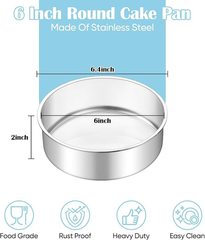 TeamFar 6 Inch Cake Pan, 2 Pcs Round Tier Cake Pan Set Stainless Steel for Baking Steaming Serving, Fit in Oven Pot Air Fryer, Healthy & Heavy Duty, Mirror Finish & Easy Clean, Dishwasher Safe