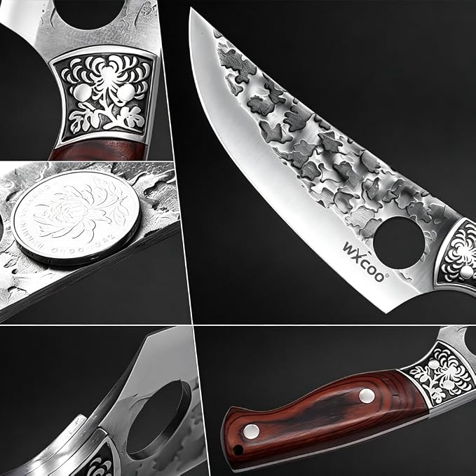 3PCS Butcher Knife Set High-Carbon Steel with Hammered Texture for Kitchen Stainless Steel Hand Forged Chef Knives, Nonslip Wood Handle, Meat Cutting Butchering Cleaver & Bone Chopper