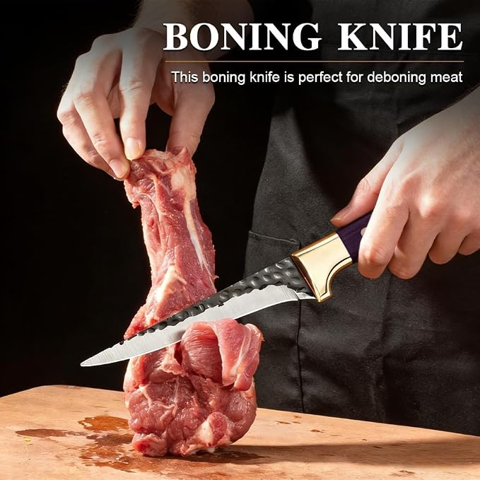 Premium 3-Piece Kitchen Knife Set with Leather Sheaths, High Carbon Steel Forged Boning/Carving/Utility Knives, Sharp Meat Cleaver & Butcher Knives for Kitchen, BBQ & Food Prep, Purple Wood Handle