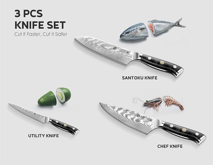 Damascus Knife Set 3 PCS: Japanese Kitchen Knives with VG10 Steel Core, Ultra-Sharp Professional Chef Knife Set, Full Tang G10 Handle, NSF Food-Safe, Elegant Box for Men Him Husband, Fathers day