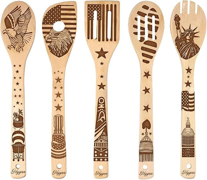 Make American Great Again! American Flag Iconic Architecture Gift Idea Cooking Serving Utensils Natural Bamboo Kitchen House Warming Presents Slotted Wooden Spoons for Cooking Utensils Set of 5…