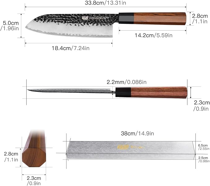 FINDKING Japanese Santoku Knife 7 Inch, Multipurpose Japanese Chef Knife with High Carbon Steel Blade, Rosewood Octagonal Handle, for Meat, Fish, Fruits and Vegetables, Dynasty Series