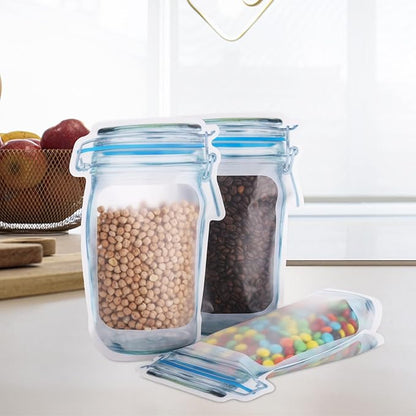 Jucoan 50 Pack Mason Jar Bags, Reusable Mason Jar Zip Snack Bags, Airtight Leakproof Resealable Plastic Food Storage Saver Bags Stand Up Pounches for Spices, Snacks, Camping RV