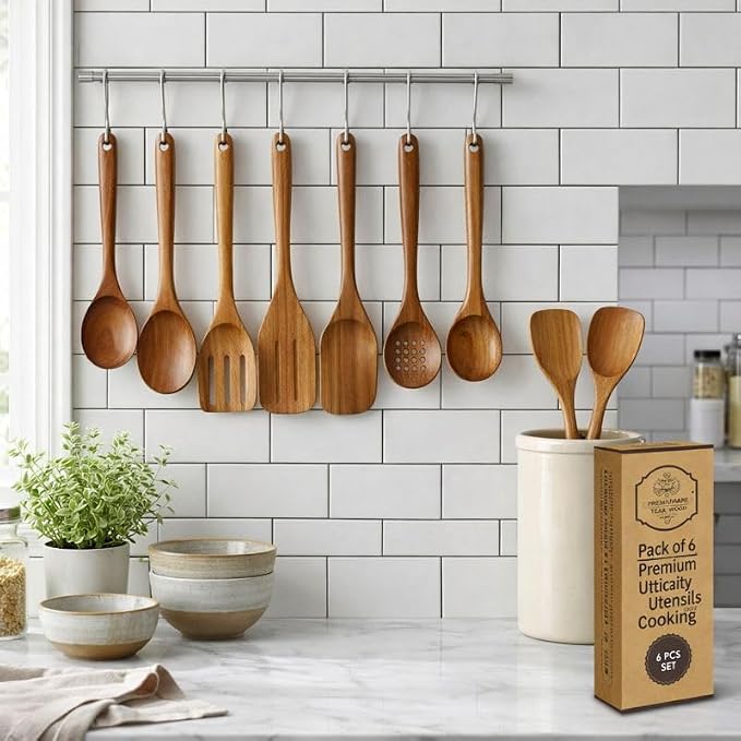 DADU BADU 6 Piece Teak Wood Utensil Set Non Toxic, Handmade Cooking Spoons & Spatulas for Nonstick Cookware Includes Wok Spatula, Skimmer & Salad Set Heat Resistant Kitchen Utensil Gift Set