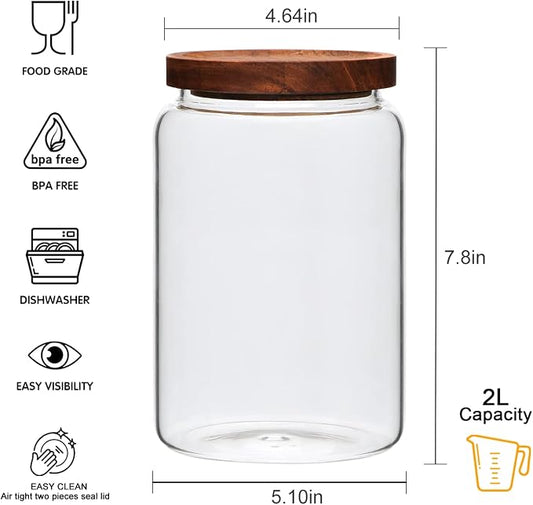 Large Glass Jars,Set of 3 Glass Jars with Wooden Airtight Lids,Food Storage Container for Tea,Spice,Cereal, Egg,Flour,Coffee and More(67 oz/2000 ml)