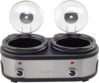 Courant 3.2-Quart Double Slow Cooker(1.6-Qt each) w/Warm Settings, Stainproof Stoneware Pots and Glass Lids – StainlessSteel
