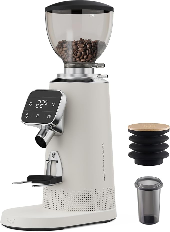 Tuni G3 Commercial Grade 64mm Flat Burr Coffee Grinder, 100 Grind Settings Electric Espresso Grinder with Single Dose, Touchscreen Display & Anti-Static Tech, All-Metal Stainless Steel Body, Ivory
