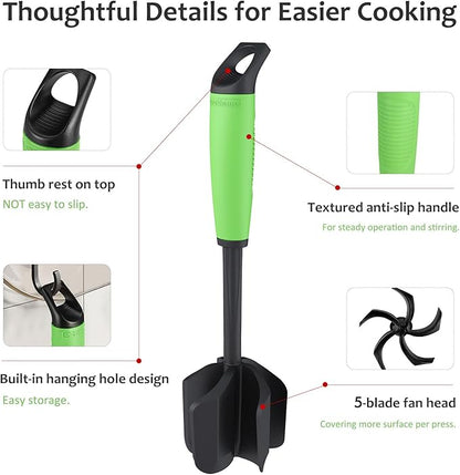 Ourokhome Meat Chopper and Potato Masher, Heat Resistant Nylon Ground Beef Smasher for Hamburger, 5 Curved Blades Nonstick Safe Mixer & Stirrer, Practical Kitchen Gadgets, Green