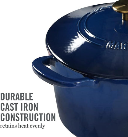 MARTHA STEWART Gatwick 7-Quart Enamel Cast Iron Dutch Oven Pot with Lid – Navy Blue with Gold Knob – Durable Heavy-Duty Dutch Oven for Slow Cooking & Braising