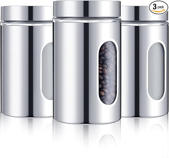 Mimorou 3 Pcs Stainless Steel Canister Set with Glass Windows Visible Storage Jars Silver Kitchen Canister Set for Pasta Flour Oat Sugar Container, Kitchen Tools, Housewarming Gifts(32 oz)