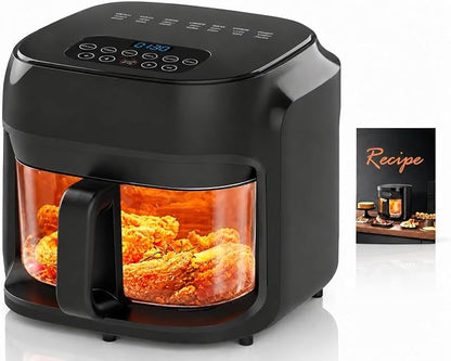 7.3QT Glass Air Fryer with See-Through Bowl, 360° Hot Air Circulation, 5 Presets, 1200W Fast Heating, Dishwasher Safe (Black)