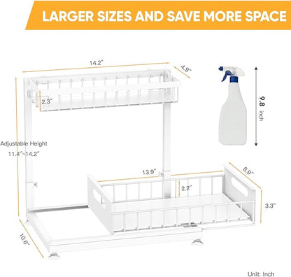 Saydear Under Sink Organizer Storage 2-Tier Premium Metal Pull-Out Kitchen Cabinet Organizer with Sliding Drawer, Height Adjustable, Heavy Duty for Kitchen & Bathroom Organizers 1 Pack White
