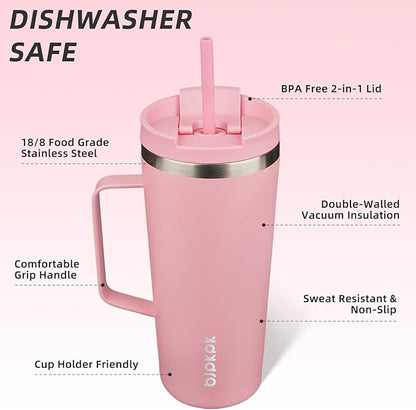 BJPKPK Insulated Tumbler with Handle, 22oz Insulated Tumblers with Lid and Straw, Stainless Steel Metal Water Bottles, Coffee Travel Mugs, Cups, Light Pink