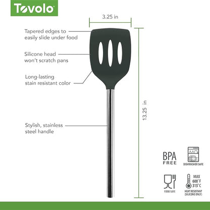 Tovolo Slotted Silicone Spatula Turner Slotted Stainless Steel Handle 10" Charcoal Gray Heat Resistant Non Toxic BPA Free Kitchen Utensil, Silicone Egg Pancake Flipper Metal Handle Turner for Cooking
