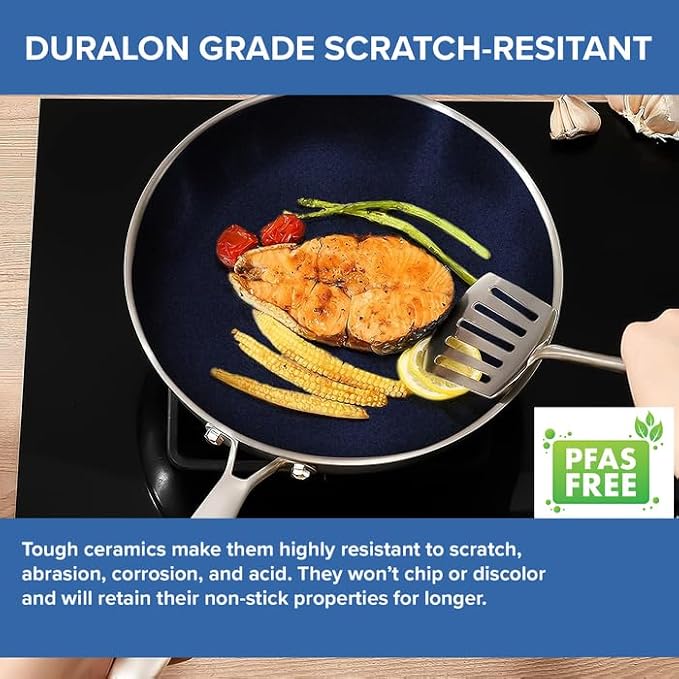 Nuwave 9pc Stainless Steel Pro-Smart Cookware Set, Tri-Ply Heavy-Duty Construction, Ergonomic Stay-Cool Handles, Duralon Blue Healthy Non-Stick Ceramic Coating, Induction-Ready & Works on All Cooktops