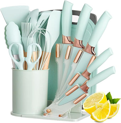 19 Pieces Kitchen Cooking Utensils and Knife Set with Holder Block, Include 11 Pcs Silicone Cooking Utensils 5 Pcs Sharp Stainless Steel Knives Scissors Whisk Tongs and Cutting Board (LIGHT BLUE)
