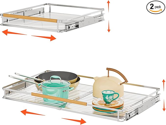 2Pack Expandable Pull Out Cabinet Organizer, 23.2"-39.9" W x 22.5''D | Stainless Steel Slide Out Drawers, Heavy Duty Drawer Slides, For Kitchen Cabinets Pantry Cupboard, Adjustable Width