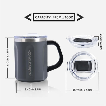 Stainless Steel Coffee Mug Cup with Handle, 16 oz Double Wall Vacuum Insulated Travel Mug Tumbler With Slider Lid, Insulated Camping Tea Flask for Hot & Cold Drinks (Grey)