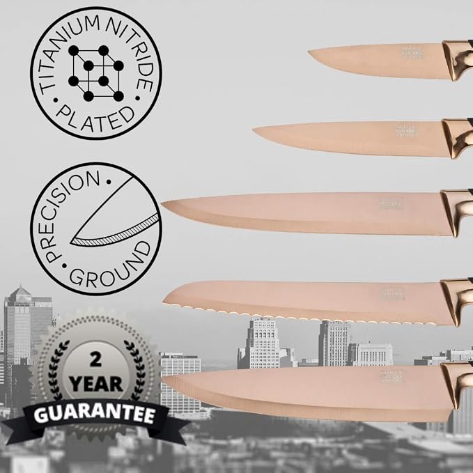 Taylors Eye Witness 5pc Kitchen Knife Gift Set - Brooklyn Rose Gold Colored Bolsters, Matching Razor Sharp Titanium Coated Blades. Soft Grip Handles. 2yr Peace of Mind. Extra Sharpener for Knives