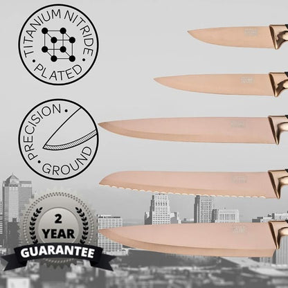 Taylors Eye Witness 5pc Kitchen Knife Gift Set - Brooklyn Rose Gold Colored Bolsters, Matching Razor Sharp Titanium Coated Blades. Soft Grip Handles. 2yr Peace of Mind. Extra Sharpener for Knives