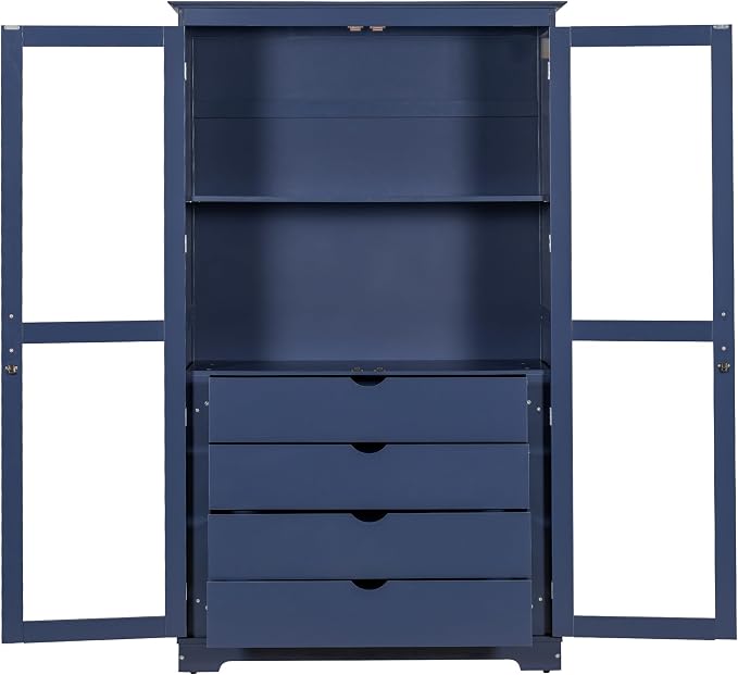 VilroCaz 75'' Tall Kitchen Pantry, Wood Freestanding Kitchen Storage Cabinet Display Cabinet with Glass Doors and 4 Built-in Drawers for Living Room Home Office (Blue-6.21)