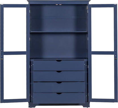VilroCaz 75'' Tall Kitchen Pantry, Wood Freestanding Kitchen Storage Cabinet Display Cabinet with Glass Doors and 4 Built-in Drawers for Living Room Home Office (Blue-6.21)