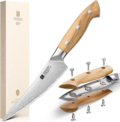 XINZUO Curved Boning Knife 6.3 Inch, 3 Layers Composite Steel,For Meat Cutting, Filleting-Full Tang With Ergonomic Olive Wood Handle