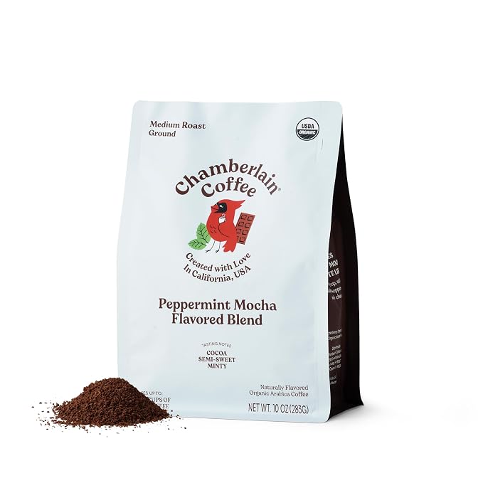 Chamberlain Coffee Peppermint Mocha Medium Roast Ground Coffee - USDA Organic Specialty Blend - Smooth & Balanced w/Cocoa & Minty Notes - Freshly Roasted - Rich Flavor & No Bitterness - 10 Oz