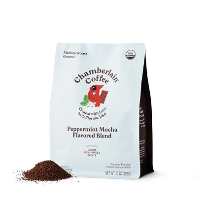 Chamberlain Coffee Peppermint Mocha Medium Roast Ground Coffee - USDA Organic Specialty Blend - Smooth & Balanced w/Cocoa & Minty Notes - Freshly Roasted - Rich Flavor & No Bitterness - 10 Oz