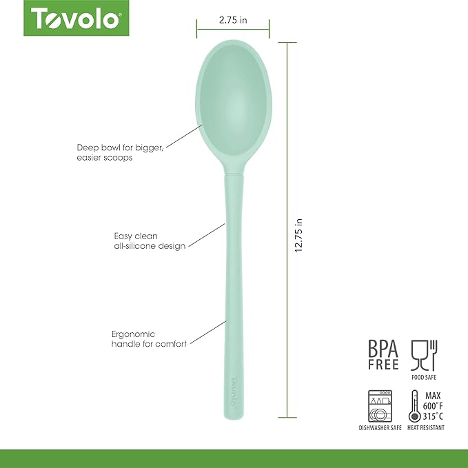 Tovolo Flex Core Silicone Deep Spoon for Cooking Mixing Baking Serving, Dishwasher Safe BPA Free All Silicone Kitchen Mini Spoon Heat Resistant Nonstick Safe Serving Spoon, Aqua Seafoam Green
