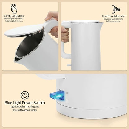 Electric Kettle 1.7L, Seamless Inner Pot, Double-Walled Design, BPA-Free, Tea, Coffee & Hot Water Boiler, Dual-Angle Lid Opening, Auto Shut-Off & Boil-Dry Protection, 304 Stainless Steel, 1000W