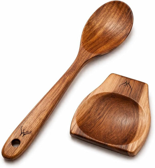 Teak Wooden Spoon for Cooking With Teak Spoon Rest - Made of Premium Natural Teak Wood