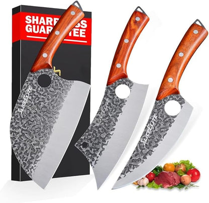 SliceElite Hand-Forged Professional Butcher Knife (3 PC BBQ KNIFE SET W/LANIARD HOLES)