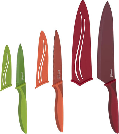 GoodCook Knife Set High Carbon Stainless Steel Kitchen Knives with Nonstick Finish Slip Resistant Grips and Protective Sheaths, Set Includes Paring Utility and Chef's Knives, 3-Piece Set, Multicolor