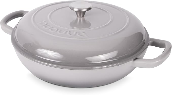 Shallow Cast Iron Casserole with Lid – Non Stick Dutch Oven Pot, Oven Safe up to 500° F – Sturdy Ovenproof Stockpot Cookware – Enamelled Cooking Pot – Grey, 3.7-Quart, 30cm – by Nuovva