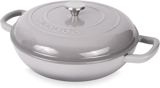 Shallow Cast Iron Casserole with Lid – Non Stick Dutch Oven Pot, Oven Safe up to 500° F – Sturdy Ovenproof Stockpot Cookware – Enamelled Cooking Pot – Grey, 3.7-Quart, 30cm – by Nuovva