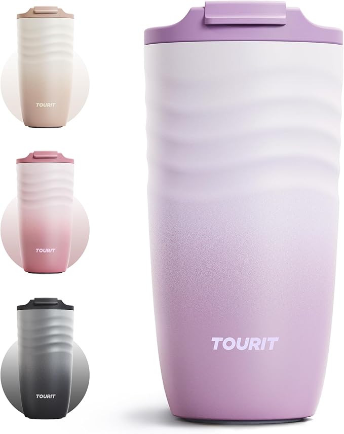 TOURIT 16 oz Travel Coffee Mug, Vacuum Insulated Stainless Steel Tumbler with Ripple-Wave Anti-Slip Grip, Built-in Silicone Bottom for Quiet & Stable, Leak-Proof Lid, Fits Car Cup Holder, Lilac