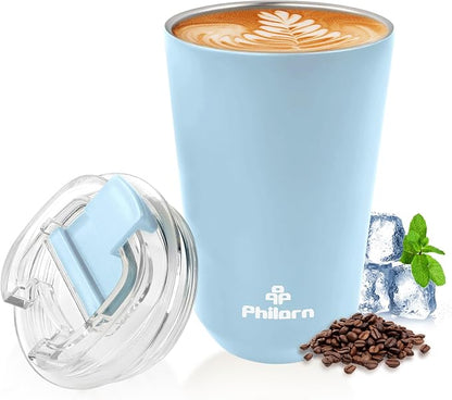 PHILORN Travel Coffee Mug 12 OZ Tumbler, Insulated Coffee Mug with Lid, Coffee Thermos for Hot & Cold Drinks, Leak Proof Coffee Tumbler with Double Wall (LIGHT BLUE)