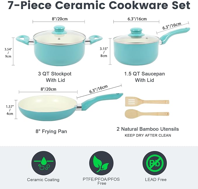 M MELENTA Pots and Pans Set, 7 Piece Nonstick Ceramic Cookware Set, Kitchen Induction Cookware Sets, Pots and Pans Non Stick with Stay Cool Handle, 100% PFOA Free, Turquoise